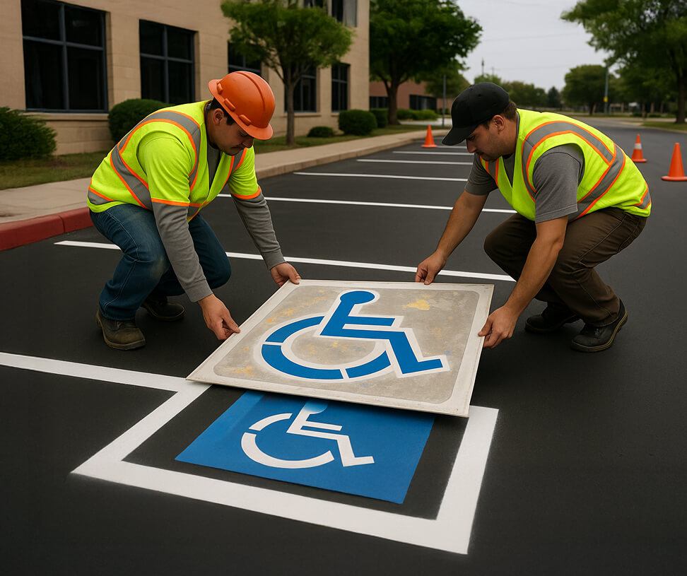 two persons placing Stencils on road-image
